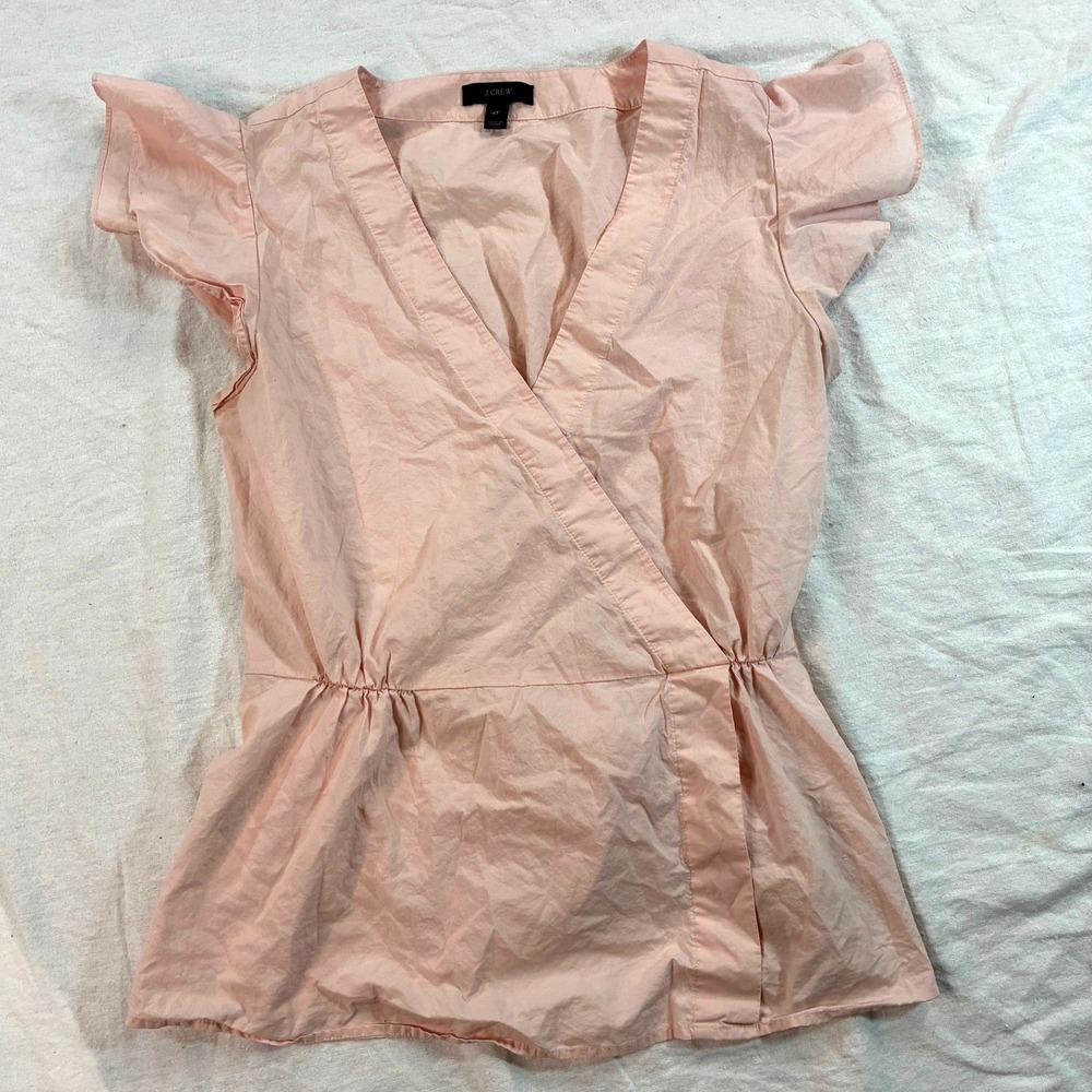 J.Crew Women's Wrap Blouse Size 4 Pink Flutter Sleeve Cotton Top G5